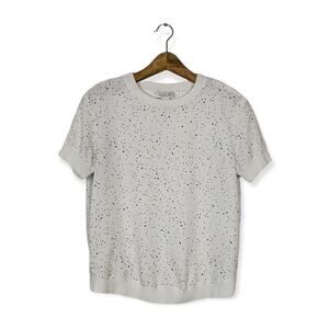 Rachel Zoe White Black Speckled Hearts Short Sleeve Crewneck Top